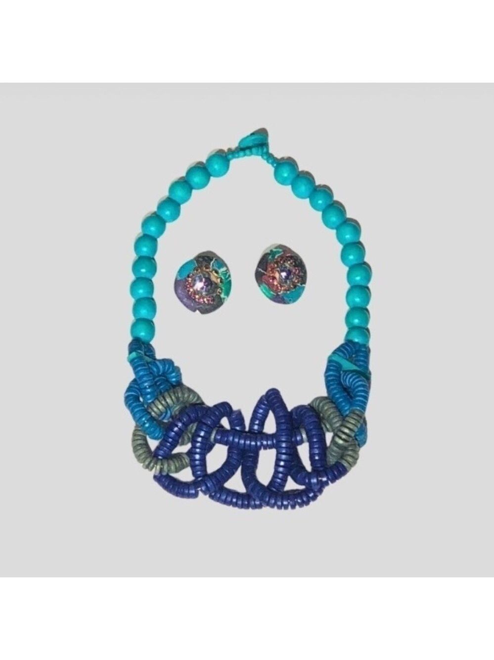 Vintage Beaded Resin Necklace and Clip On Earrings Blue Turquoise